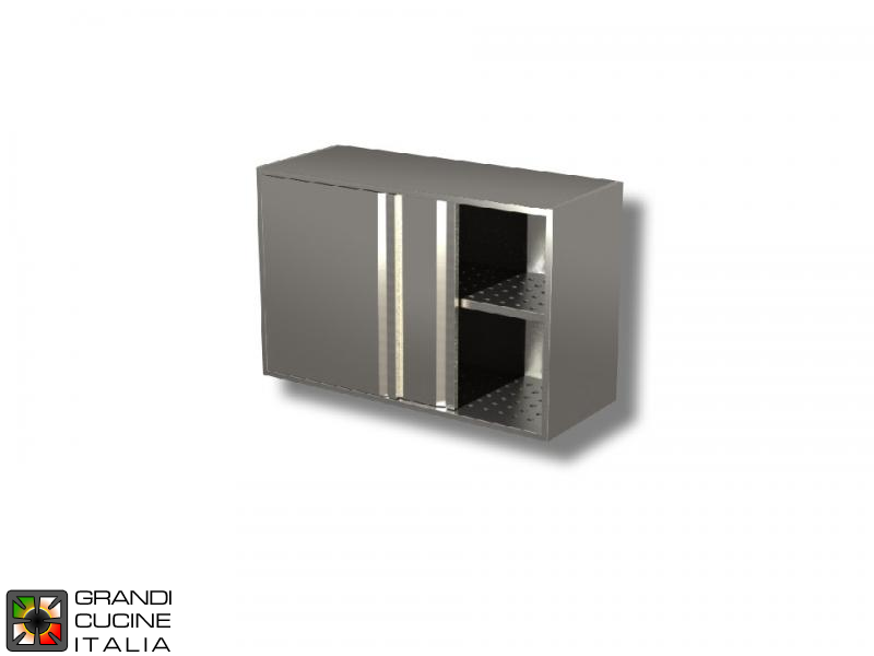  Stainless Steel Hanging Cabinet with Sliding Doors and Draining Shelves - AISI 304 - Length 140 Cm - Height 65 Cm - 2 Shelves
