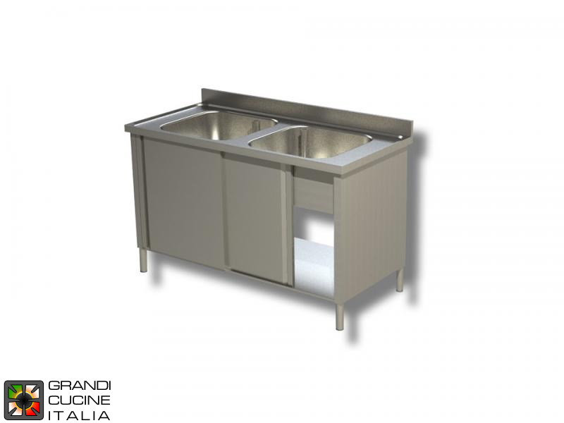  Cabinet Sink unit - Sliding Doors - AISI 430 - Length 100 Cm - Width 70 Cm - Double Basin - Bottom Shelf