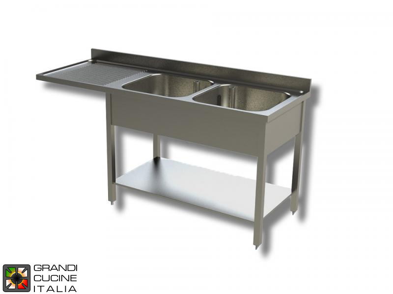  Sink Unit on Legs with Dishwasher Hollow - AISI 430 - Length 160 Cm - Width 70 Cm - Left Drainer - Double Basin - Bottom Shelf