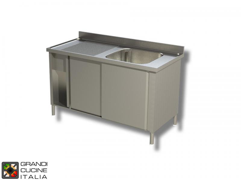  Cabinet Sink unit - Sliding Doors - AISI 430 - Length 100 Cm - Width 60 Cm - Left Drainer - Single Basin - Bottom Shelf