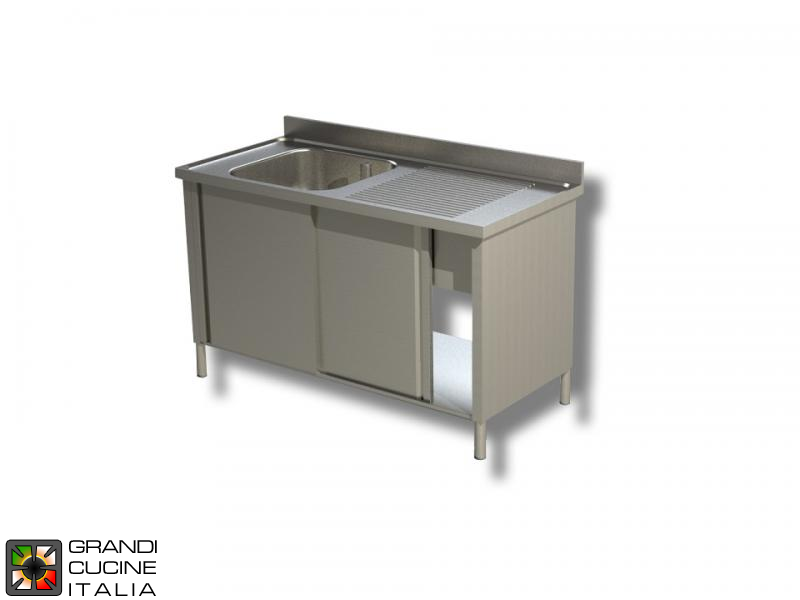  Cabinet Sink unit - Sliding Doors - AISI 430 - Length 150 Cm - Width 70 Cm - Right Drainer - Single Basin - Bottom Shelf