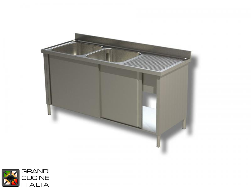  Cabinet Sink unit - Sliding Doors - AISI 304 - Length 140 Cm - Width 60 Cm - Right Drainer - Double Basin - Bottom Shelf