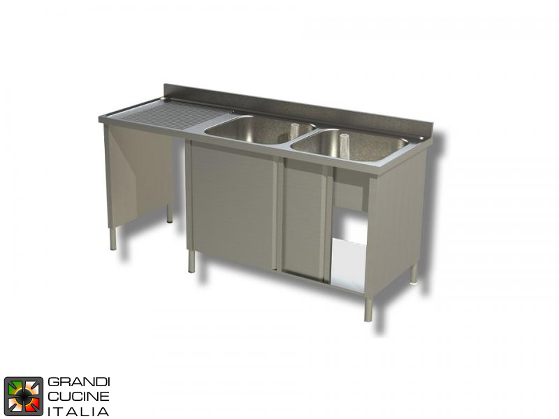  Cabinet Sink Unit with Hollow Dustbin - Sliding Doors - AISI 304 - Length 200 Cm - Width 60 Cm - Left Drainer - Double Basin - Bottom Shelf
