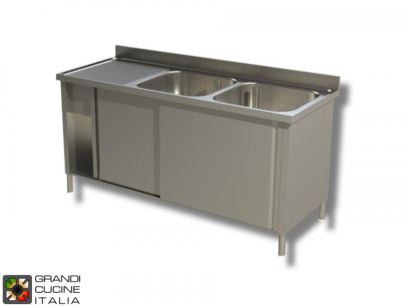  Cabinet Sink unit - Sliding Doors - AISI 304 - Length 140 Cm - Width 70 Cm - Left Drainer - Double Basin - Bottom Shelf
