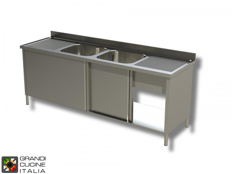  Cabinet Sink unit - Sliding Doors - AISI 430 - Length 220 Cm - Width 70 Cm - Double Drainer - Double Basin - Bottom Shelf