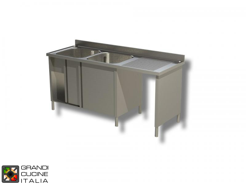  Cabinet Sink Unit with Hollow Dustbin - Sliding Doors - AISI 304 - Length 160 Cm - Width 60 Cm - Right Drainer - Double Basin - Bottom Shelf