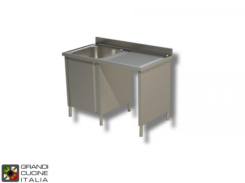  Cabinet Sink Unit with Hollow Dustbin - Hinged Door - AISI 304 - Length 140 Cm - Width 60 Cm - Right Drainer - Single Basin - Bottom Shelf