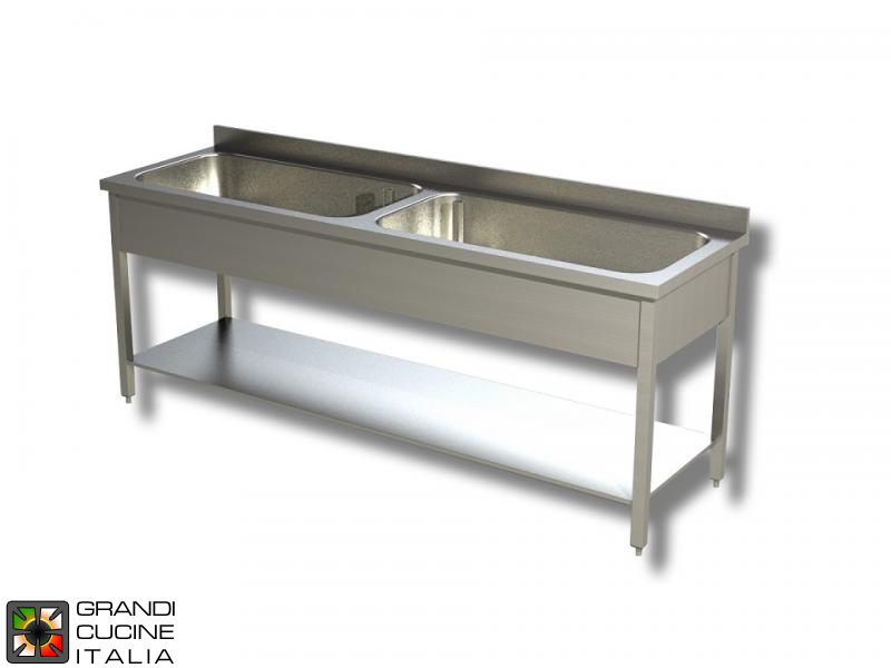 Sink Unit on Legs with Cookware Basin - AISI 430 - Length 180 Cm - Width 70 Cm - Double Basin - Bottom Shelf