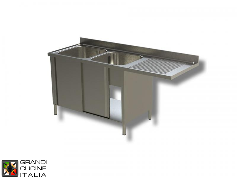  Cabinet Sink Unit with Dishwasher Hollow - Sliding Doors - AISI 430 - Length 160 Cm - Width 60 Cm - Right Drainer - Double Basin - Bottom Shelf