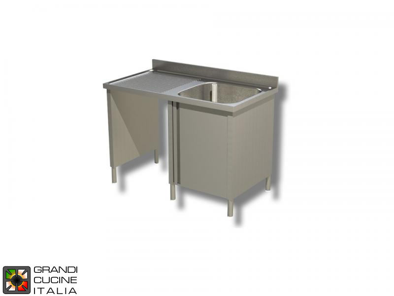  Cabinet Sink Unit with Hollow Dustbin - Hinged Door - AISI 304 - Length 120 Cm - Width 60 Cm - Left Drainer - Single Basin - Bottom Shelf