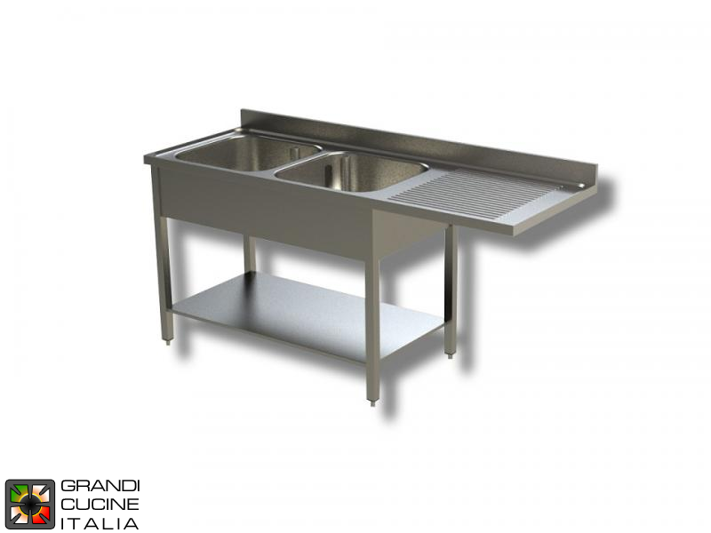  Sink Unit on Legs with Dishwasher Hollow - AISI 430 - Length 200 Cm - Width 70 Cm - Right Drainer - Double Basin - Bottom Shelf