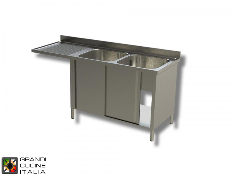  Cabinet Sink Unit with Dishwasher Hollow - Sliding Doors - AISI 304 - Length 180 Cm - Width 70 Cm - Left Drainer - Double Basin - Bottom Shelf