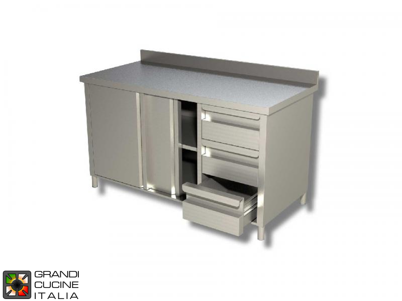  Stainless Steel Cabinet Work Table with Sliding Doors and Right Side Drawers - AISI 430 - Length 240 Cm - Width 70 Cm - with Backsplash - 3 Drawers