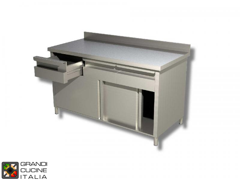  Stainless Steel Cabinet Work Table with Sliding Doors and Drawers - AISI 304 - Length 160 Cm - Width 60 Cm - with Backsplash - 3 Drawers