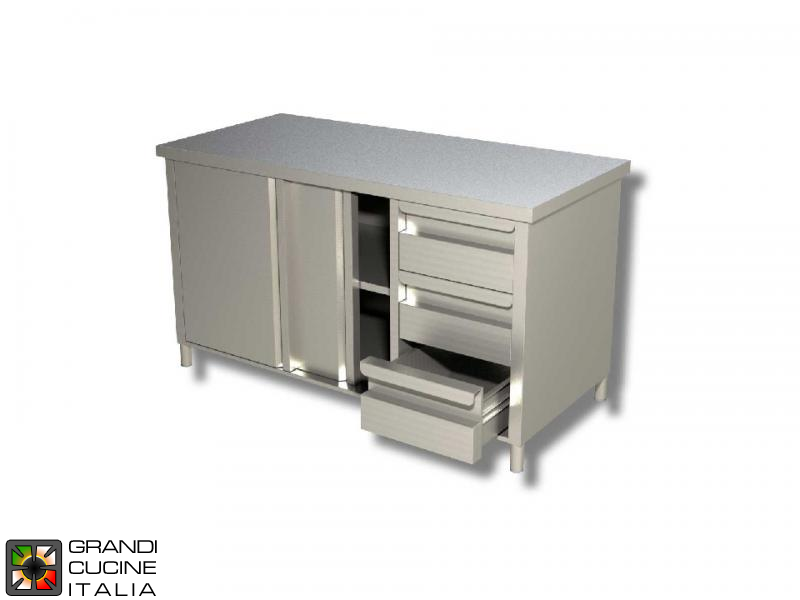  Stainless Steel Cabinet Work Table with Sliding Doors and Right Side Drawers - AISI 304 - Length 200 Cm - Width 60 Cm - 3 Drawers