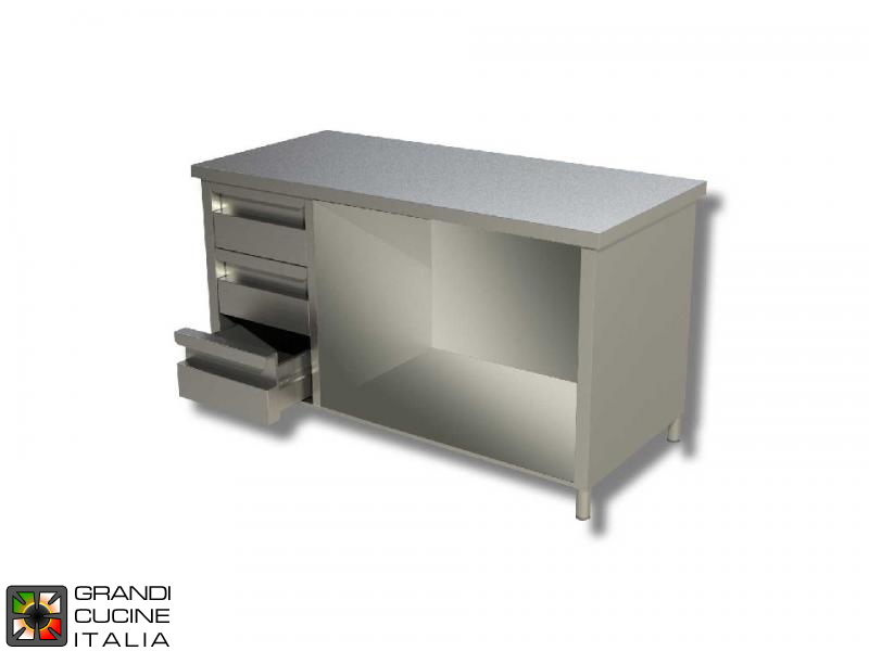  Stainless Steel Open Cabinet Work Table with Shelf and Left Side Drawers - AISI 430 - Length 210 Cm - Width 70 Cm - 3 Drawers