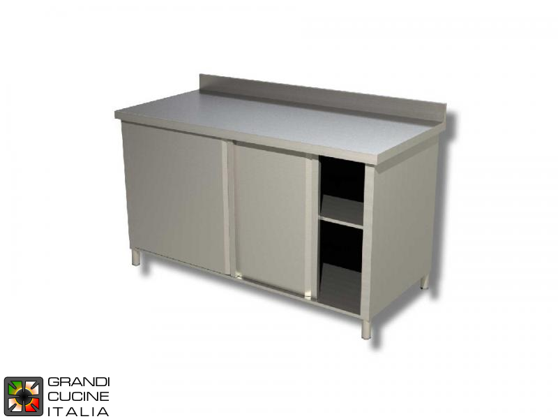  Stainless Steel Cabinet Work Table with Sliding Doors - AISI 430 - Length 180 Cm - Width 70 Cm - with Backsplash