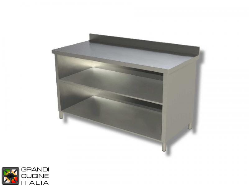  Stainless Steel Open Cabinet Work Table with Two Shelves - AISI 304 - Length 200 Cm - Width 70 Cm - with Backsplash