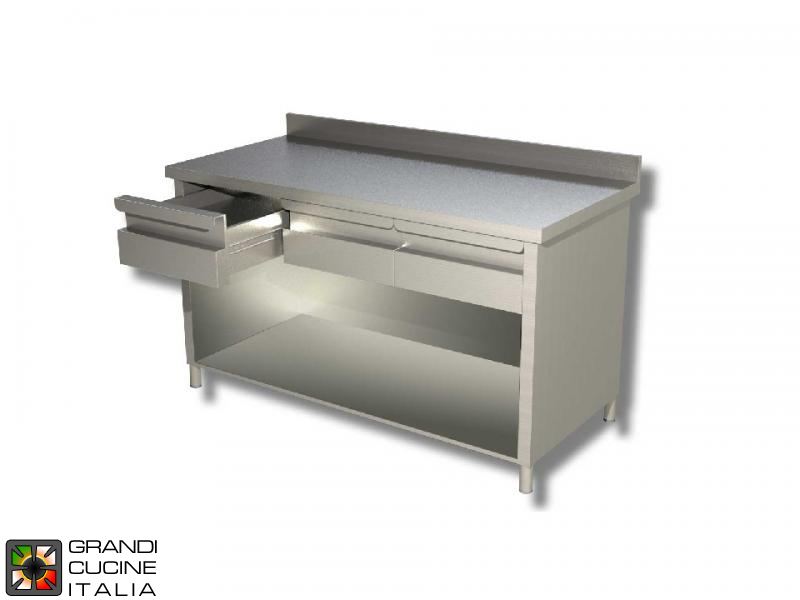  Stainless Steel Open Cabinet Work Table with Shelf and Drawers - AISI 304 - Length 100 Cm - Width 70 Cm - with Backsplash - 2 Drawers