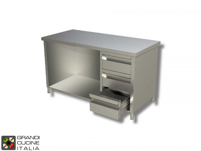  Stainless Steel Open Cabinet Work Table with Shelf and Right Side Drawers - AISI 304 - Length 150 Cm - Width 60 Cm - 3 Drawers