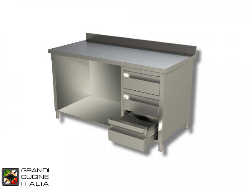  Stainless Steel Open Cabinet Work Table with Shelf and Right Side Drawers - AISI 430 - Length 230 Cm - Width 60 Cm - with Backsplash - 3 Drawers