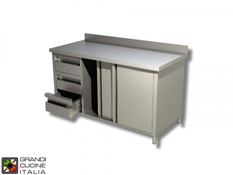  Stainless Steel Cabinet Work Table with Sliding Doors and Left Side Drawers - AISI 304 - Length 170 Cm - Width 70 Cm - with Backsplash - 3 Drawers