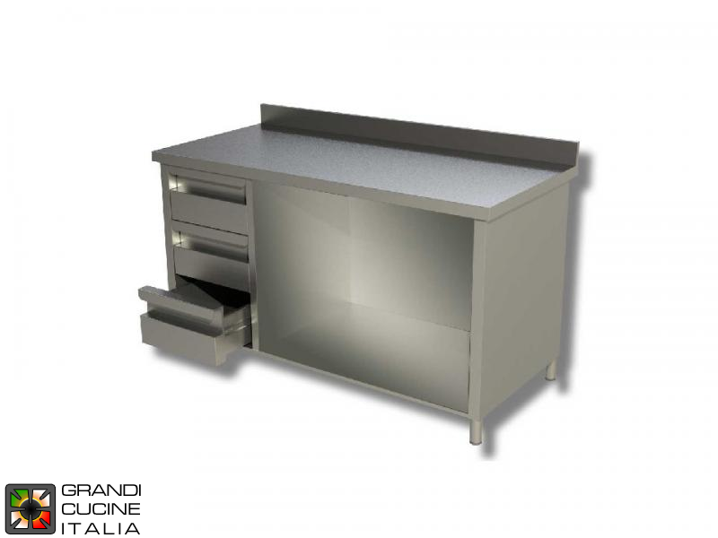  Stainless Steel Open Cabinet Work Table with Shelf and Left Side Drawers - AISI 430 - Length 170 Cm - Width 60 Cm - with Backsplash - 3 Drawers