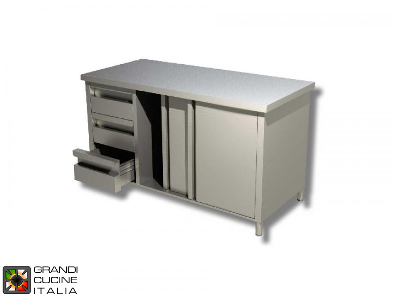  Stainless Steel Cabinet Work Table with Sliding Doors and Left Side Drawers - AISI 430 - Length 170 Cm - Width 60 Cm - 3 Drawers