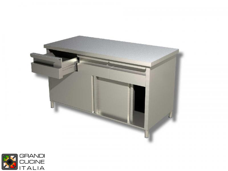  Stainless Steel Cabinet Work Table with Sliding Doors and Drawers - AISI 304 - Length 160 Cm - Width 60 Cm - 3 Drawers