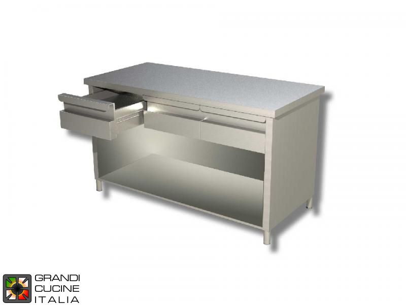  Stainless Steel Open Cabinet Work Table with Shelf and Drawers - AISI 430 - Length 140 Cm - Width 70 Cm - 3 Drawers