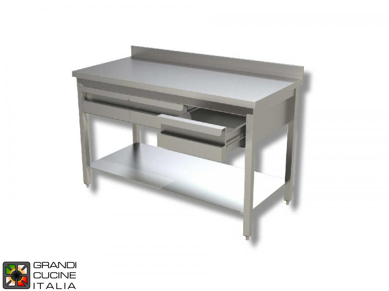  Stainless Steel Work table with Shelf and Table Drawers - AISI 304 - Length 160 Cm - Width 60 Cm - with Backsplash - 3 Drawers