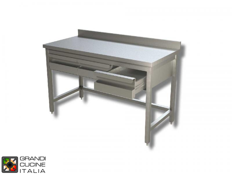  Stainless Steel Work table with Frame and Table Drawers - AISI 430 - Length 100 Cm - Width 70 Cm - with Backsplash - 2 Drawers