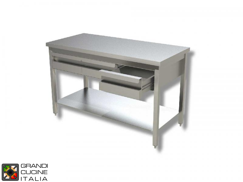  Tavolo da Lavoro in Acciaio Inox con Ripiano e Cassetti Sottobanco - AISI 304 - Larghezza 180 Cm - Profondità 60 Cm - 4 Cassetti
