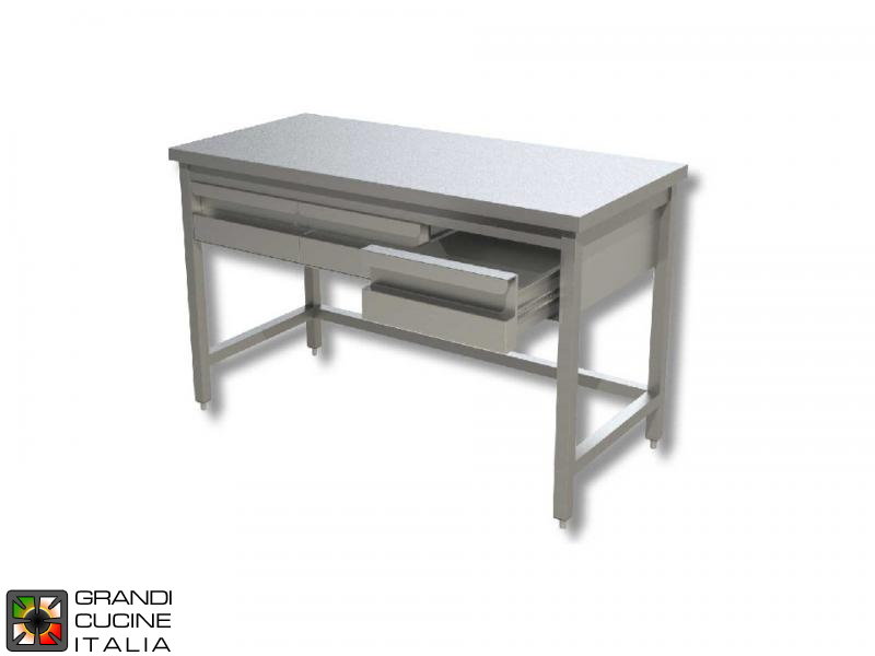  Tavolo da Lavoro in Acciaio Inox con Telaio e Cassetti Sottobanco - AISI 430 - Larghezza 100 Cm - Profondità 70 Cm - 2 Cassetti