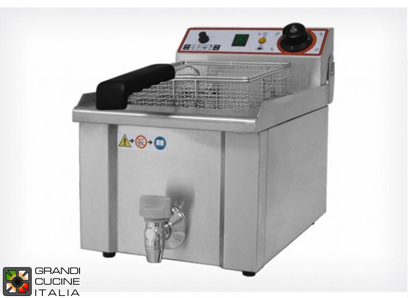  Friggitrice elettrica in acciaio inox - Capacità 9 litri - Temperatura regolabile: 50°C ~ 190°C - Cestello e coperchio incluso - Rubinetto scarico olio
