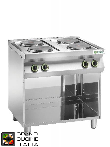  Kitchen with 4 electric plates on open compartment with stainless steel doors