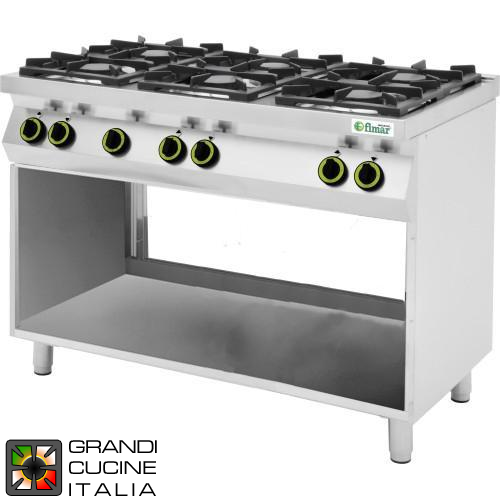  6-burner gas cooker without oven on open cabinet with stainless steel doors