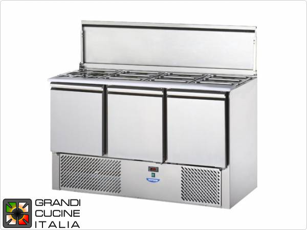  Refrigerated Saladette - GN 1/1 - Condiments Holder Capacity 16x GN 1/4 - Temperature +4°C / +10°C - Three Doors - Stainless Steel Lid - Smooth worktop - Static Refrigeration