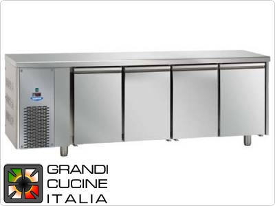  Tavolo frigorifero - GN 1/1 - Temperatura -18°C / -22°C - Quattro sportelli - Vano motore sinistro- Piano di lavoro liscio