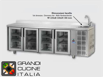  Refrigerated counters - GN 1/1 - Temperature 0°C / +10°C - Four doors - Engine compartment on the right - Worktop with sink and backsplash - Ventilated cooling -  Glass doors