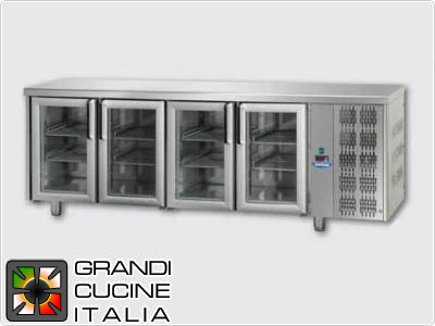  Comptoirs réfrigerés - GN 1/1 - Température 0°C / +10°C - Quatre portes - Compartiment moteur placé à droite - Plan de travail lisse  - Réfrigération ventilée -  Portes en verre