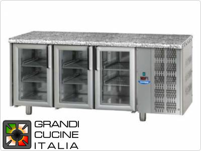 Refrigerated counters - GN 1/1 - Temperature 0°C / +10°C - Three doors - Engine compartment on the right - Stone Worktop  - Ventilated cooling -  Glass doors