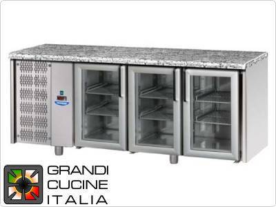 Refrigerated counters - GN 1/1 - Temperature 0°C / +10°C - Three doors - Engine compartment on the left - Stone Worktop  - Ventilated cooling -  Glass doors