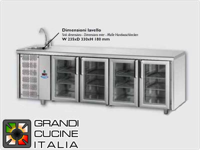  Refrigerated counters - GN 1/1 - Temperature 0°C / +10°C - Four doors - Engine compartment on the left - Worktop with sink - Ventilated cooling -  Glass doors