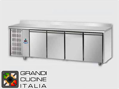  Tavolo frigorifero - GN 1/1 - Temperatura 0°C / +10°C - Quattro sportelli - Vano motore sinistro -  Piano di lavoro con alzatina - Refrigerazione ventilata