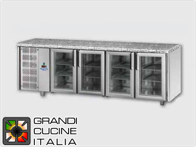  Refrigerated counters - GN 1/1 - Temperature 0°C / +10°C - Four doors - Engine compartment on the left - Stone Worktop  - Ventilated cooling -  Glass doors