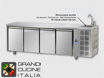 Refrigerated counters - GN 1/1 - Temperature 0°C / +10°C - Four doors - Engine compartment on the right - Worktop with sink - Ventilated cooling