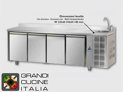  Refrigerated counters - GN 1/1 - Temperature 0°C / +10°C - Four doors - Engine compartment on the right - Worktop with sink and backsplash - Ventilated cooling