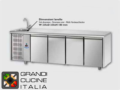  Tavolo frigorifero - GN 1/1 - Temperatura 0°C / +10°C - Quattro sportelli - Vano motore sinistro -  Piano di lavoro con lavello - Refrigerazione ventilata