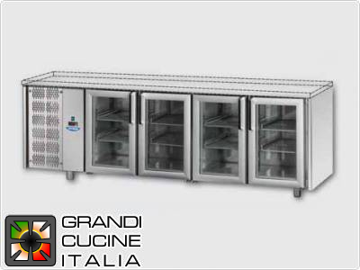  Refrigerated counters - GN 1/1 - Temperature 0°C / +10°C - Four doors - Engine compartment on the left - Without worktop  - Ventilated cooling -  Glass doors